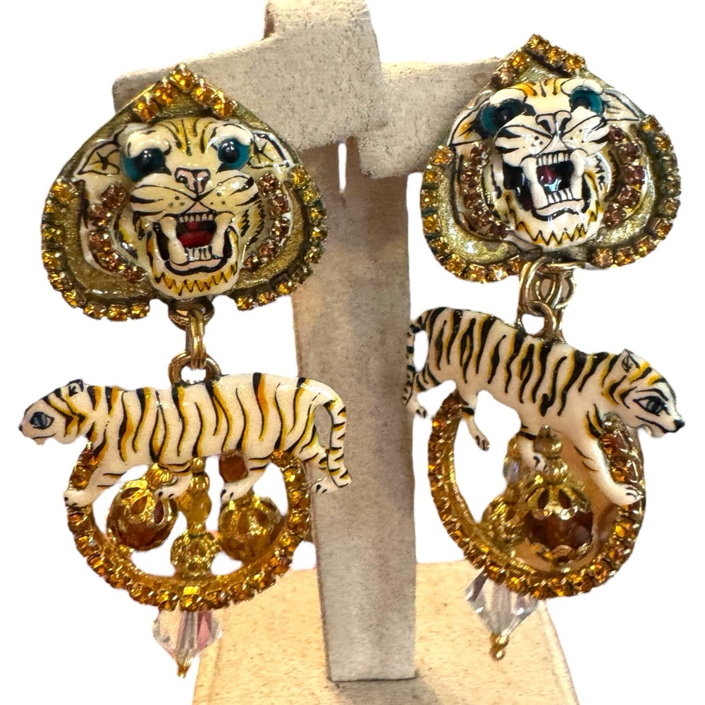 Lunch At The Ritz NEW Tiger Motif Gold Crystal rhinestone Earrings